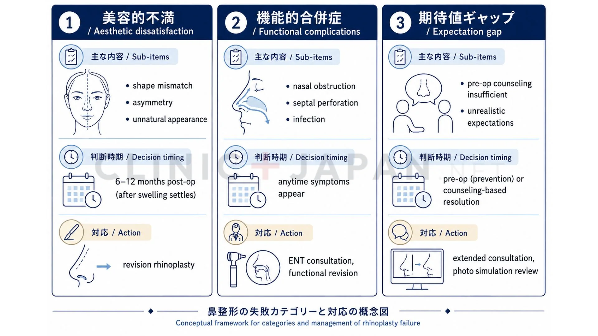 鼻整形 失敗の3カテゴリ — 美容的不満・機能的合併症・期待値ギャップの分類と判断時期