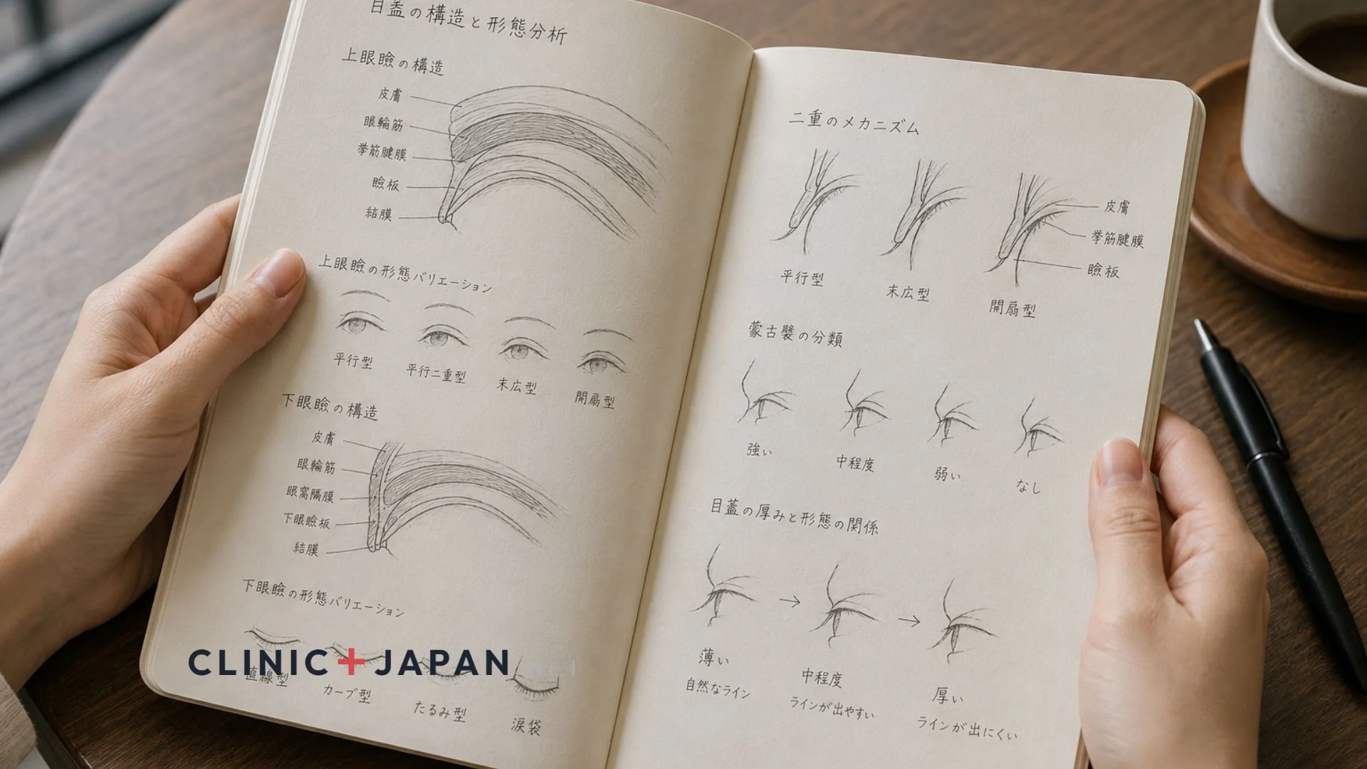 ノートに失敗原因を整理する手元 — 二重整形失敗の5類型を分析